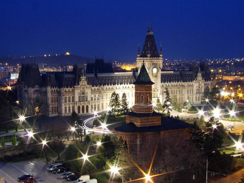 night view of a historic building