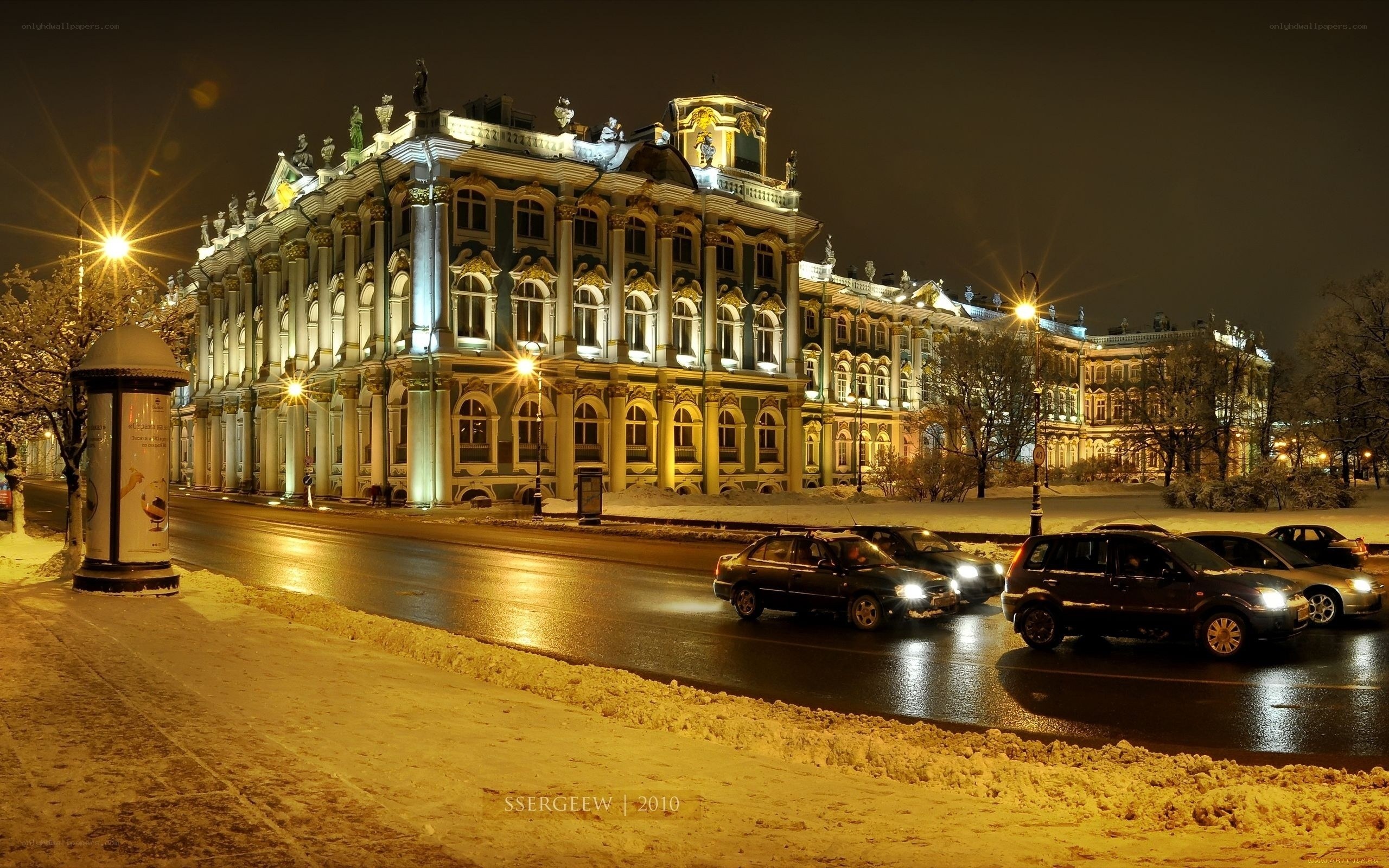 Night view of a historic building