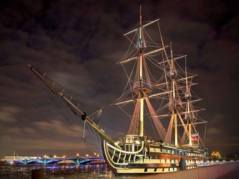 Night view of a historic ship