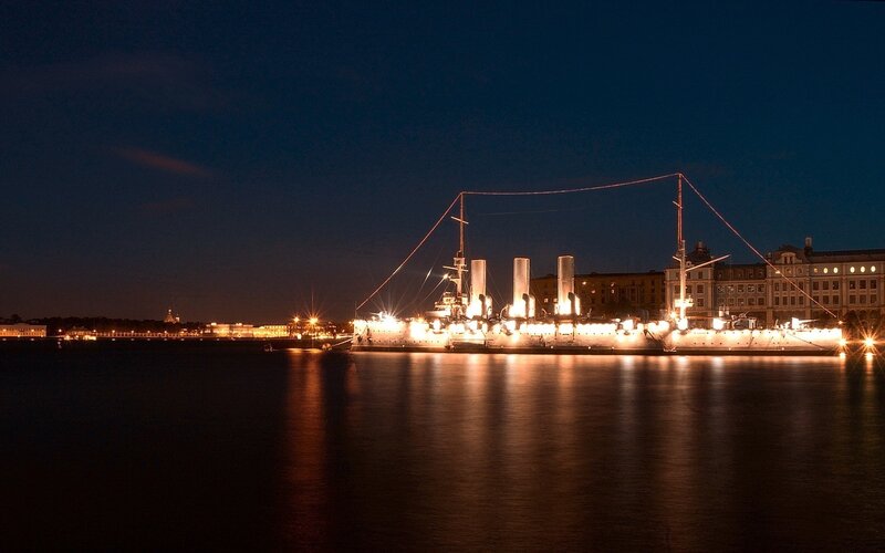 night view of a historic ship
