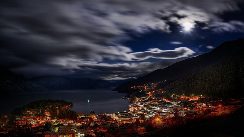 Night view of a lakeside town