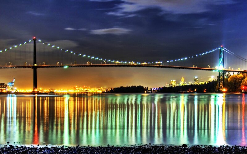 Night view of a lit bridge