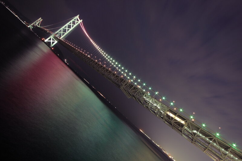 Night view of a lit bridge