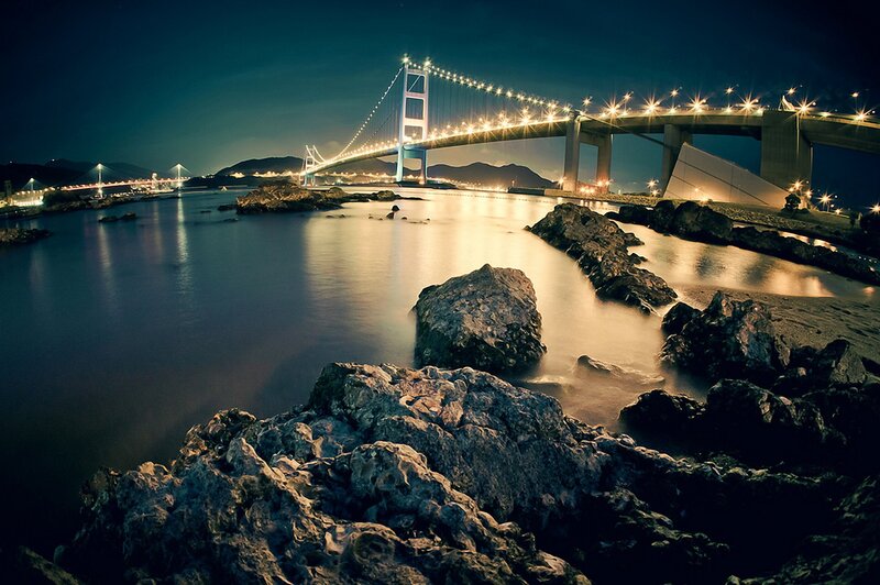 Night view of a lit bridge