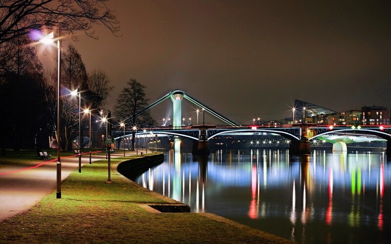 Night view of a lit bridge