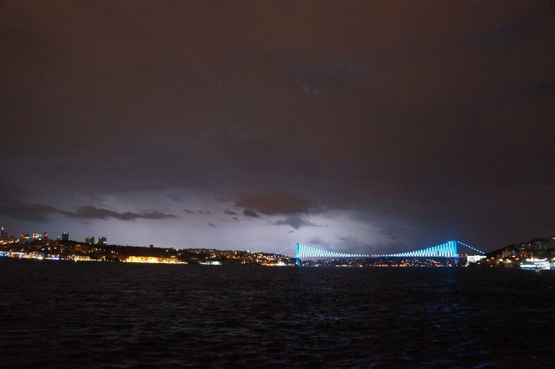Night view of a lit bridge