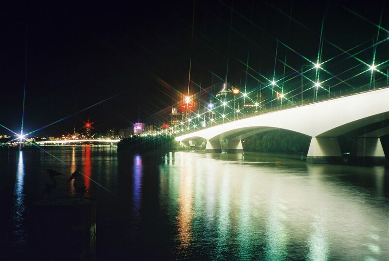 Night view of a lit bridge