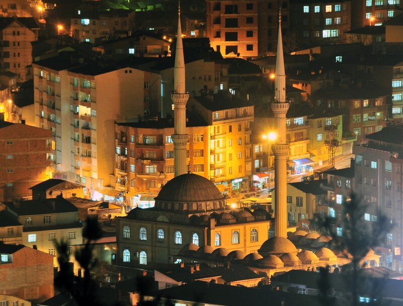 Night view of a mosque in a city