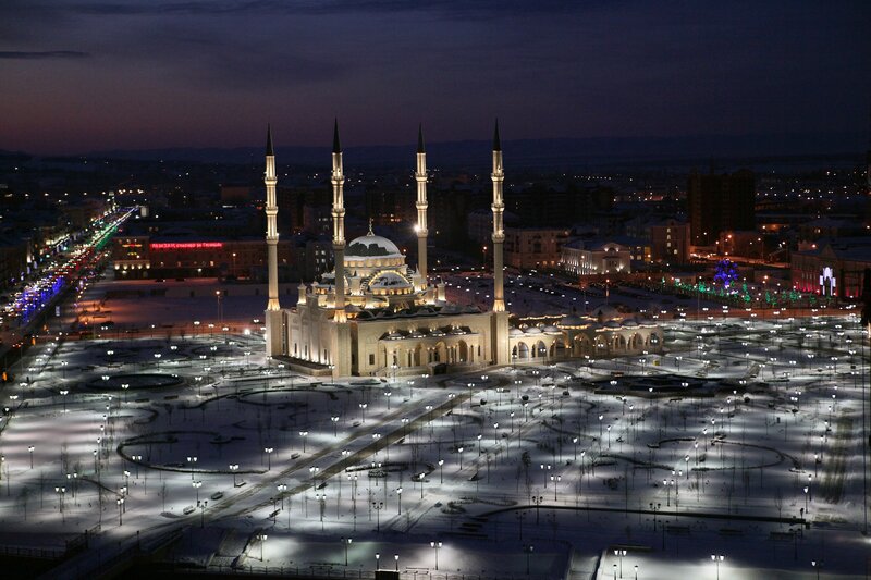 Night view of a mosque in snow