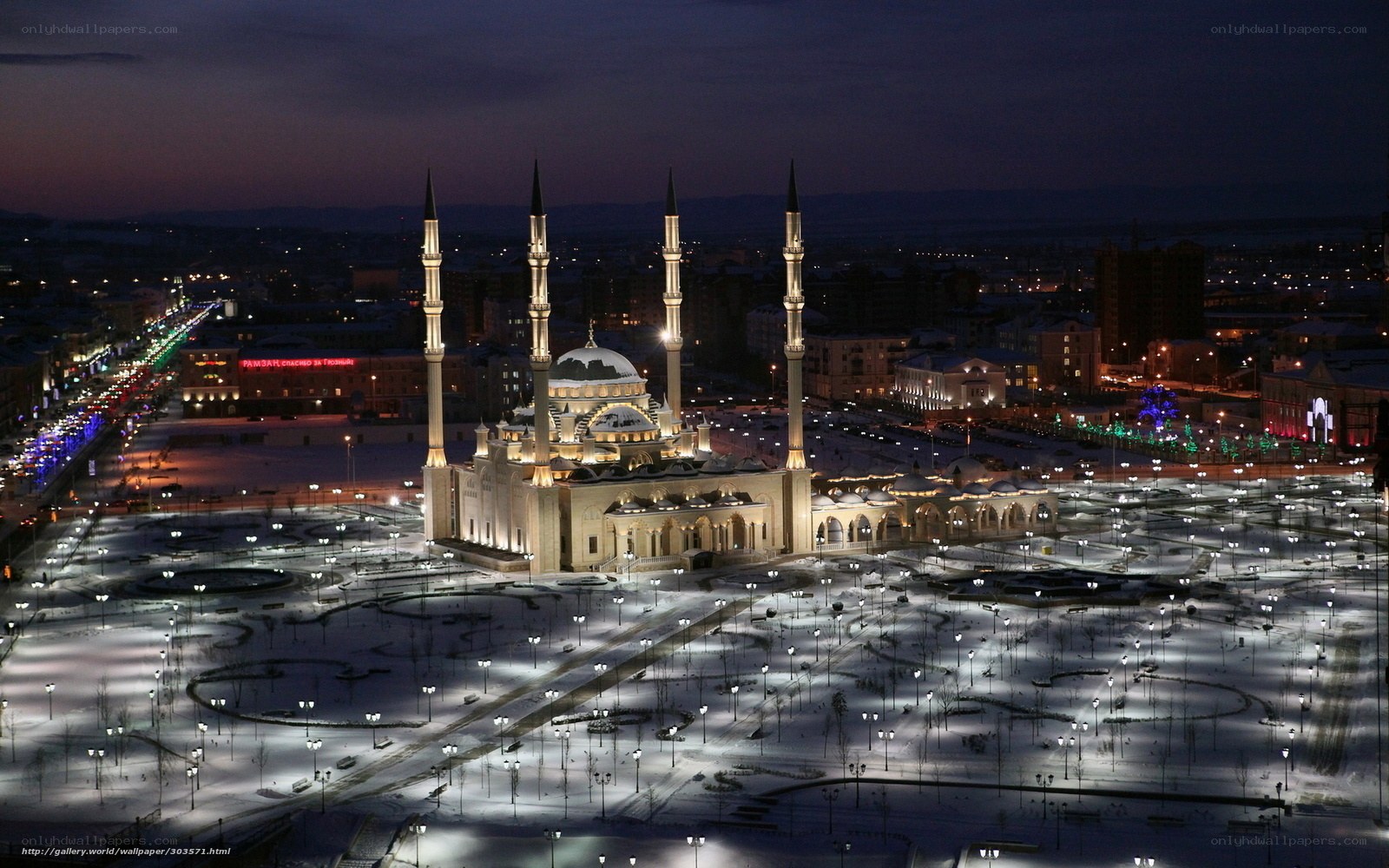 Night view of a mosque in snow