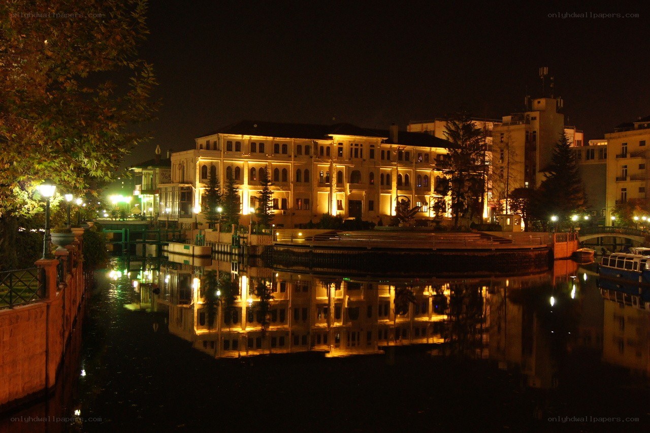 Night view of a riverfront building