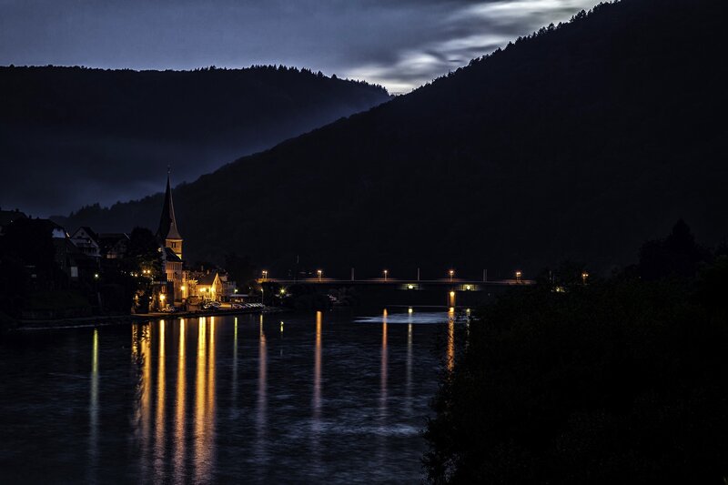 Night view of a riverside town