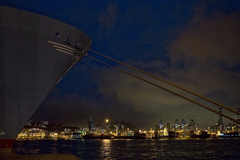 Night view of a ship at port