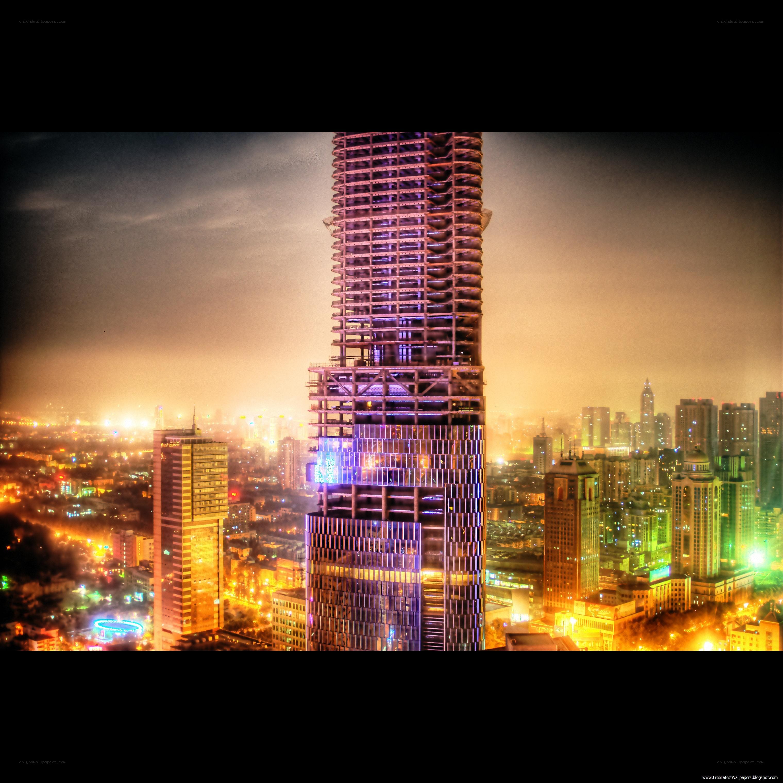 Night view of a skyscraper under construction