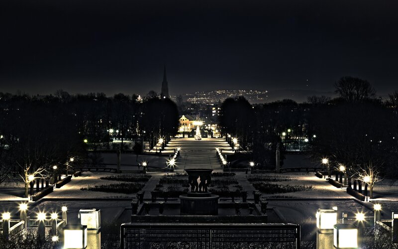Night view of a snow-covered park