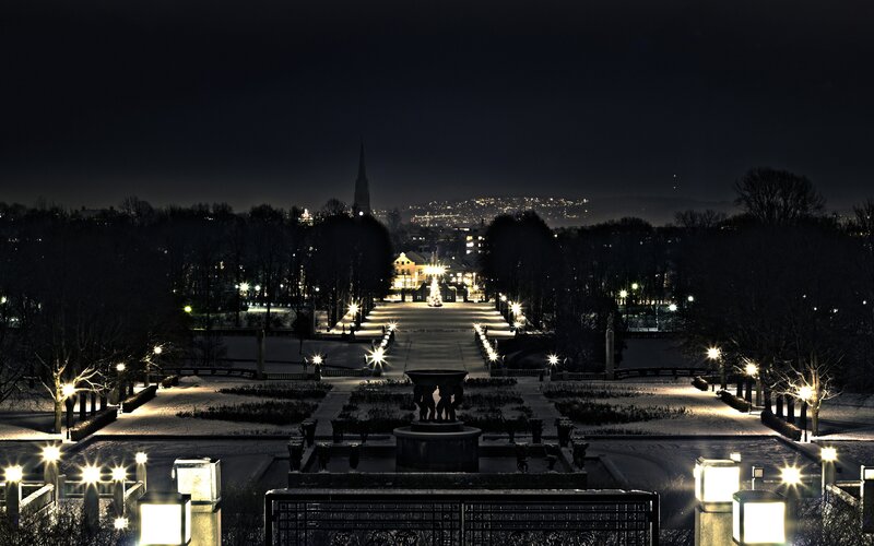 Night view of a snow-covered park