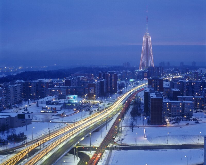 Night view of a snowy city