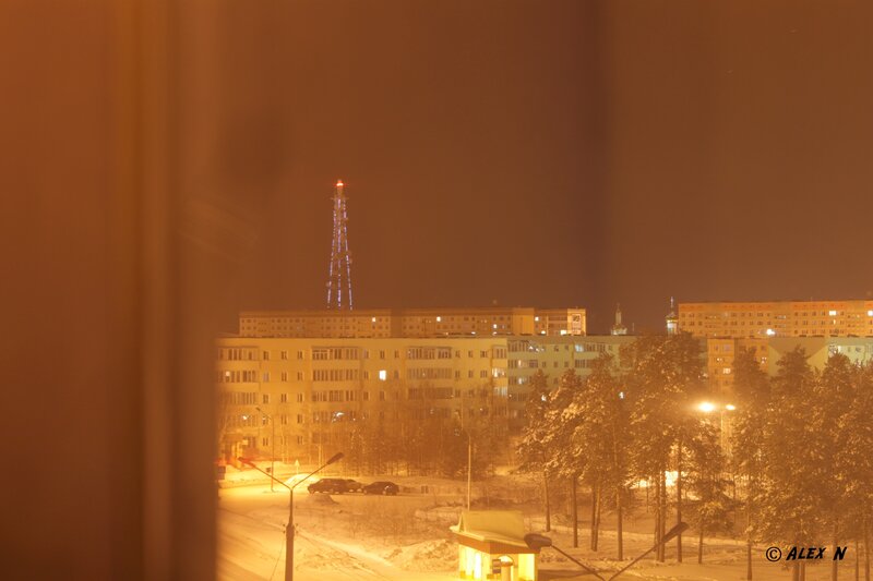Night view of a snowy city