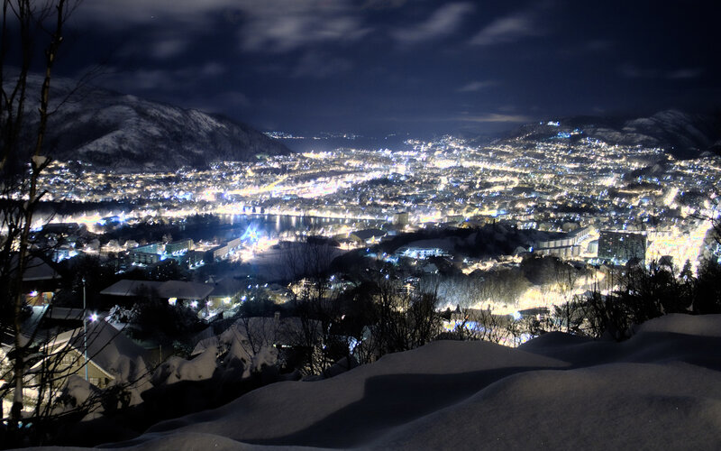 Night view of a snowy city