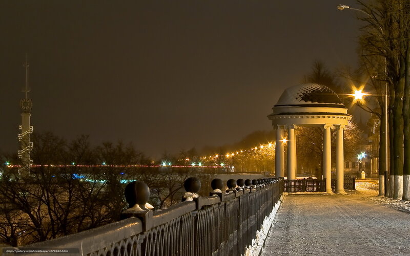 Night view of a snowy park