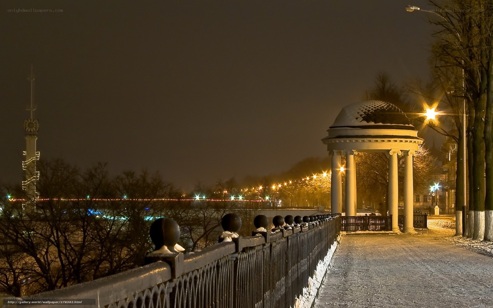 Night view of a snowy park