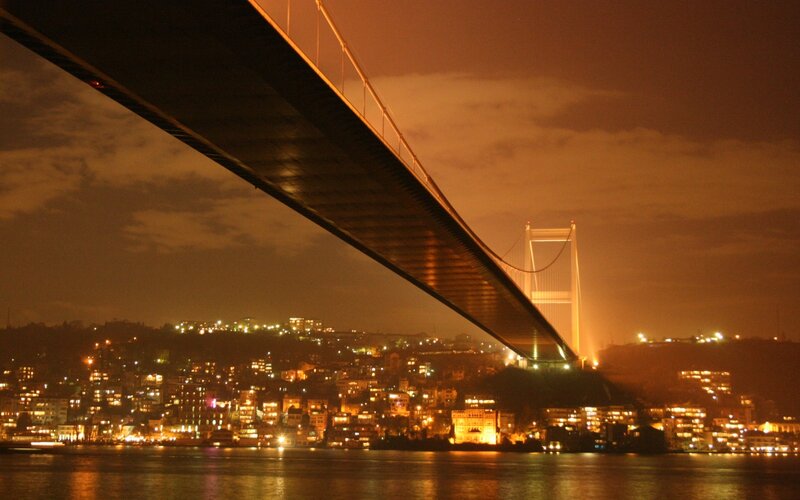 night view of a suspension bridge
