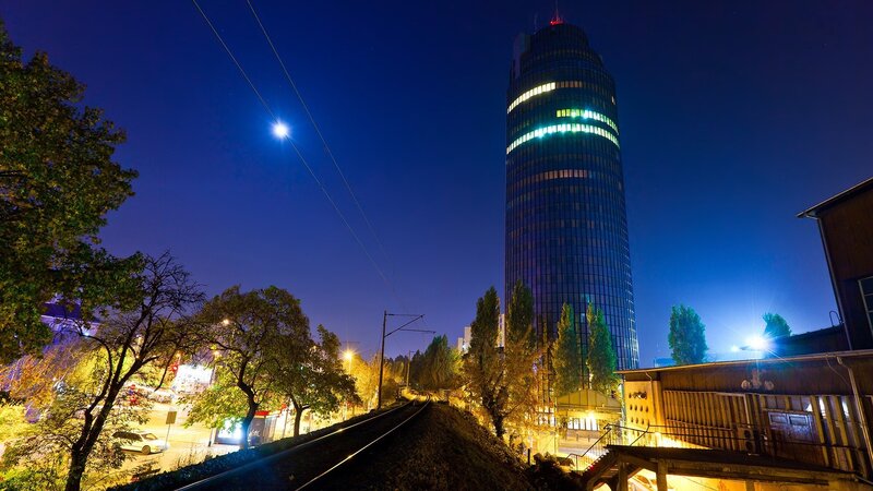 Night view of a tall building