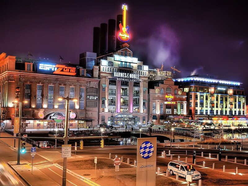 Night view of Baltimore's Inner Harbor