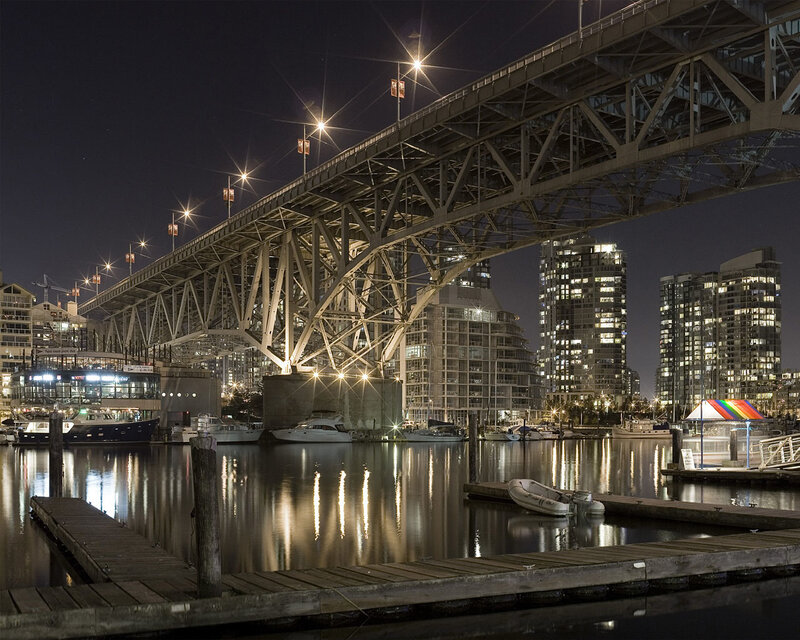 Night view of bridge and marina