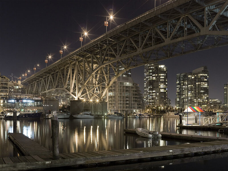 Night view of bridge and marina
