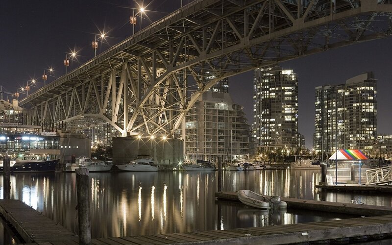 Night view of bridge and marina