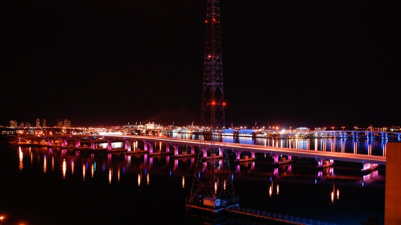 Night view of bridge and tower