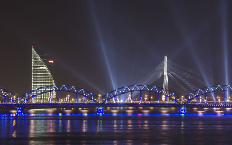 Night view of bridges and skyscraper