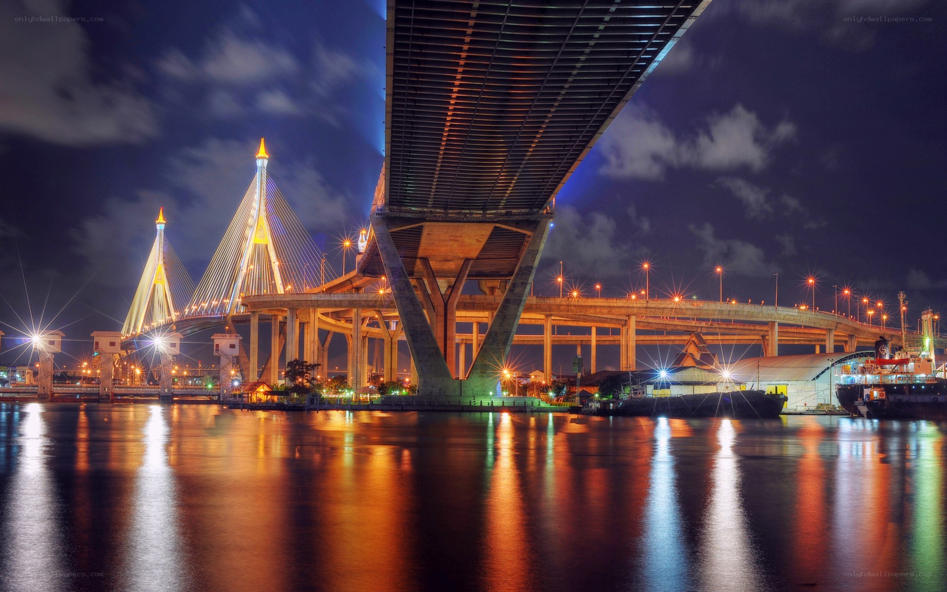 Night view of cable-stayed bridge