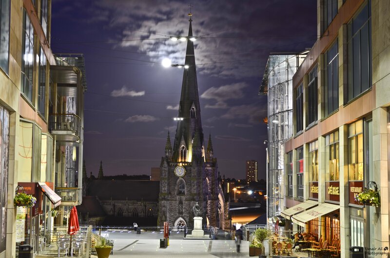 night view of church spire