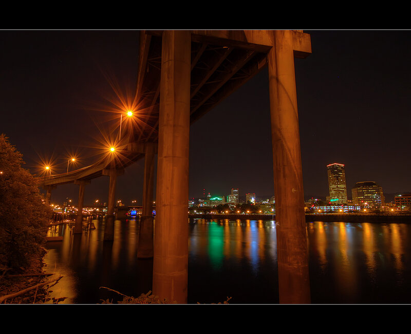 Night view of city from under bridge