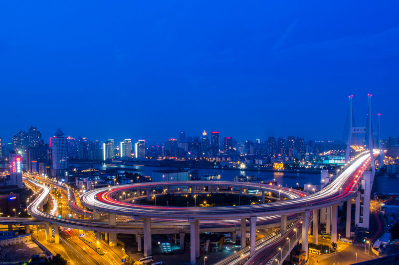 Night view of city highway interchange