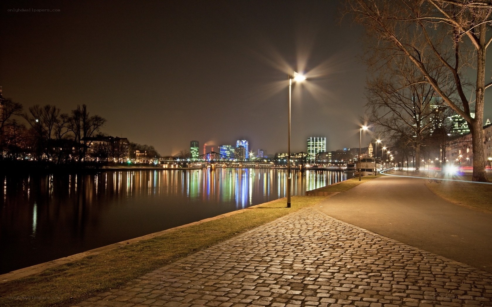 Night view of city riverfront