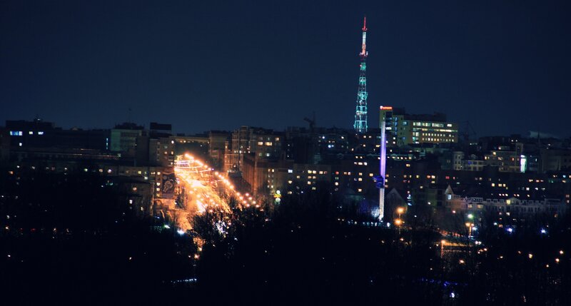night view of city with tower