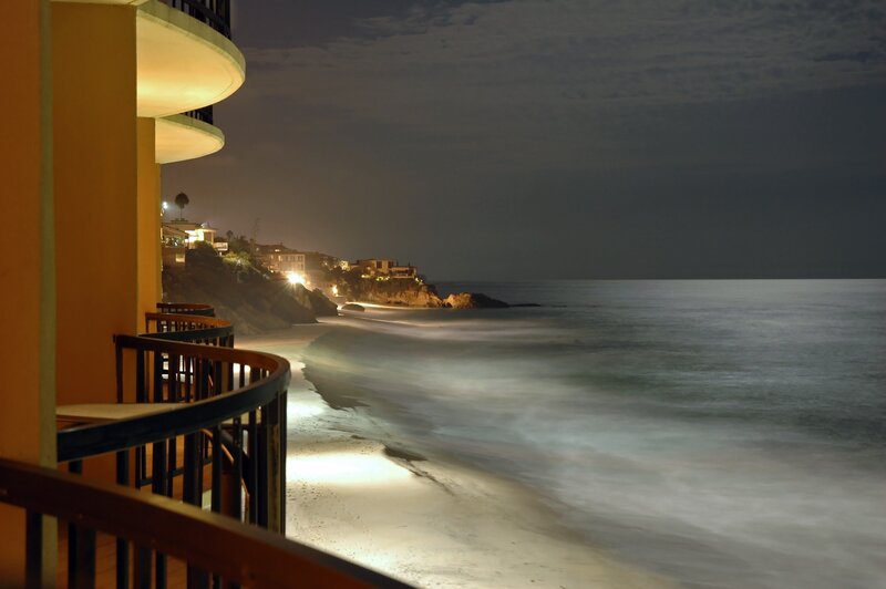 Night view of coastal balcony