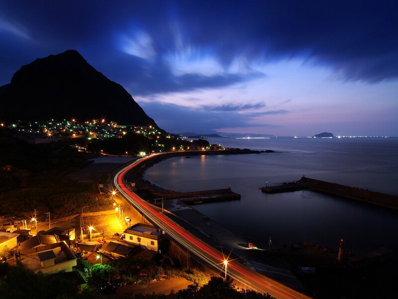 Night view of coastal town