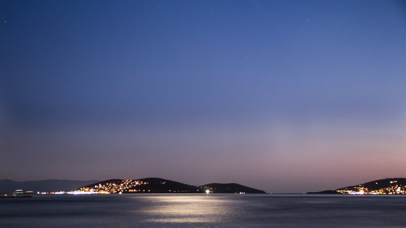 night view of coastal town