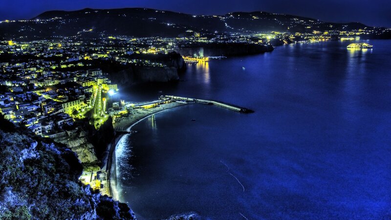 night view of coastal town