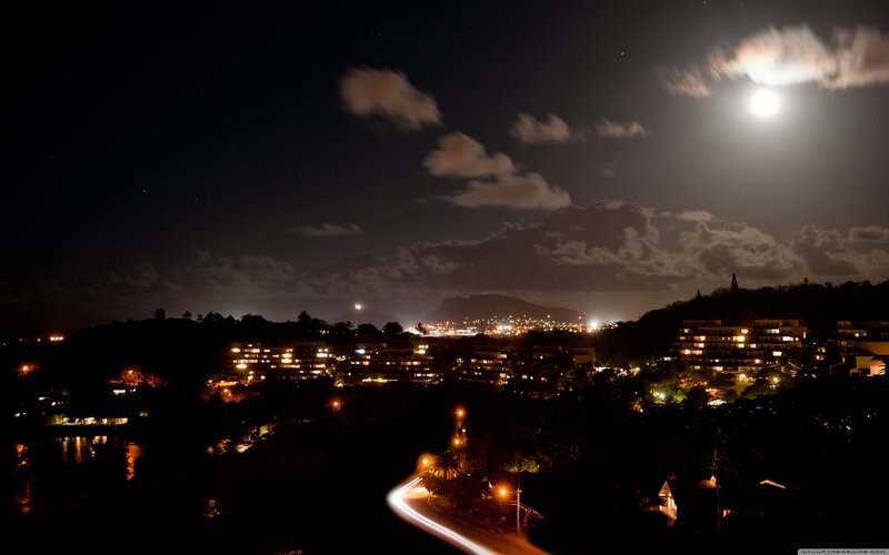 night view of coastal town