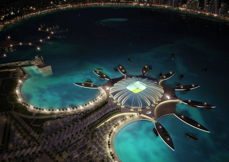 Night view of futuristic stadium