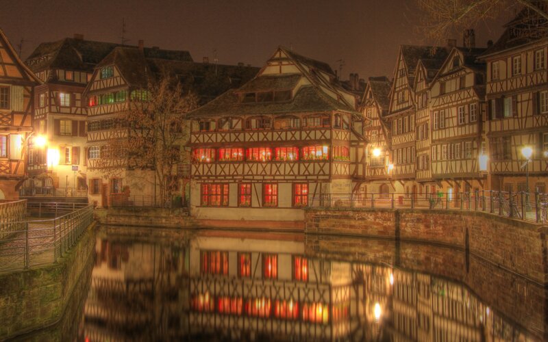 Night view of half-timbered houses