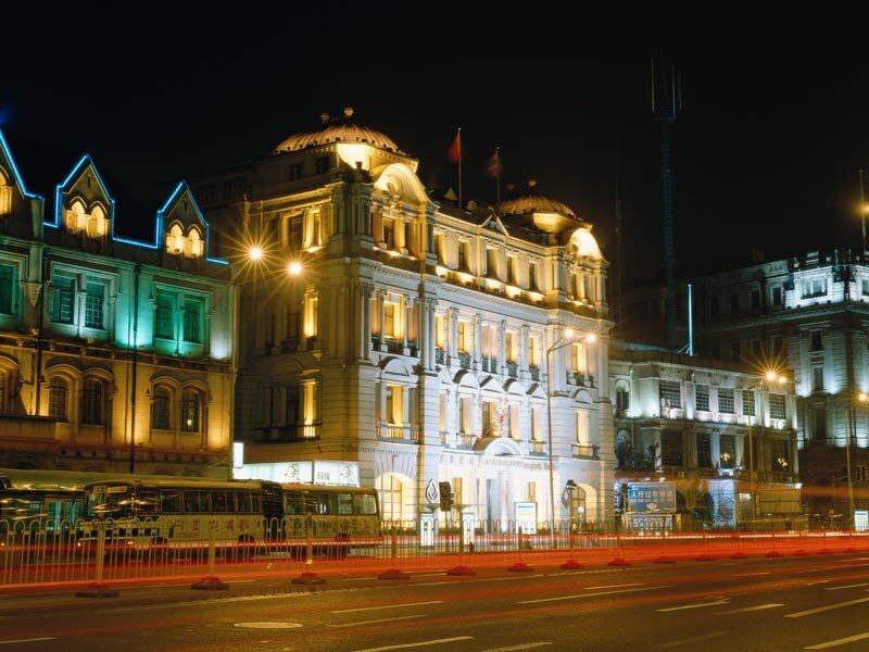 night view of historic buildings