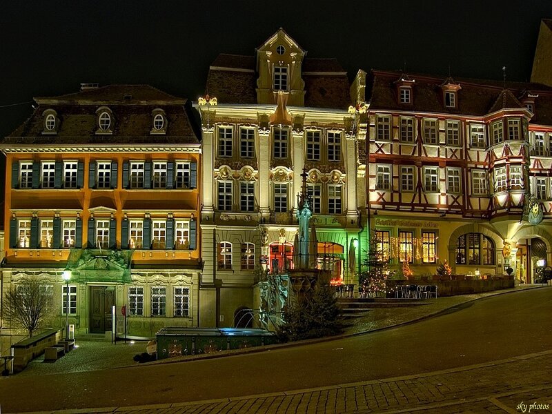 night view of historic buildings