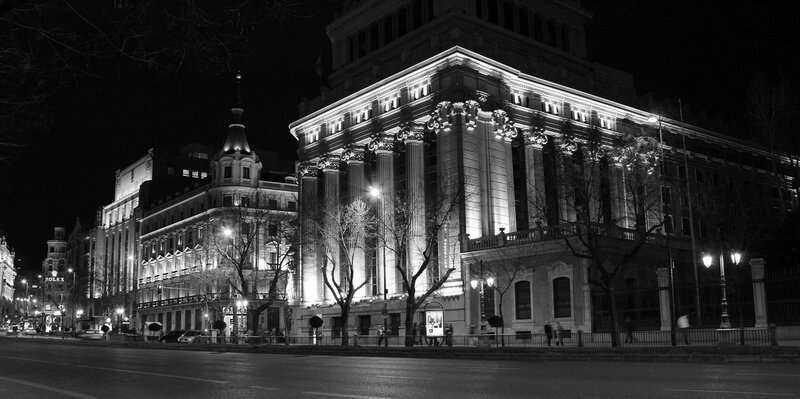 night view of historic buildings