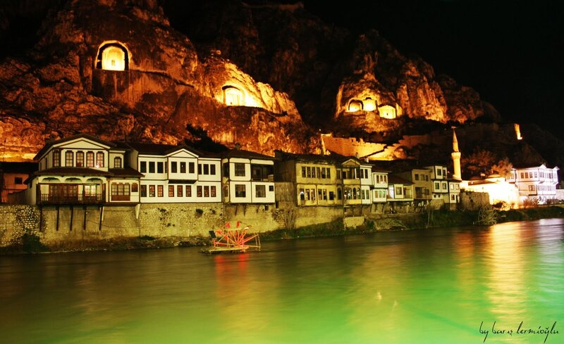 Night view of historic river town